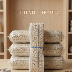 Off-white fabric trim roll with gold floral vine embroidery and gold sequins standing vertically against stacked rolls on a wooden counter with measuring tape and scissors.