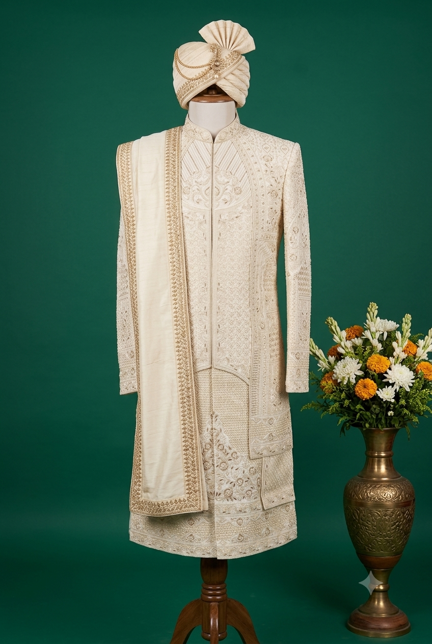 Silk beaded Embroidered Groom Sherwani Set (3 Layer)