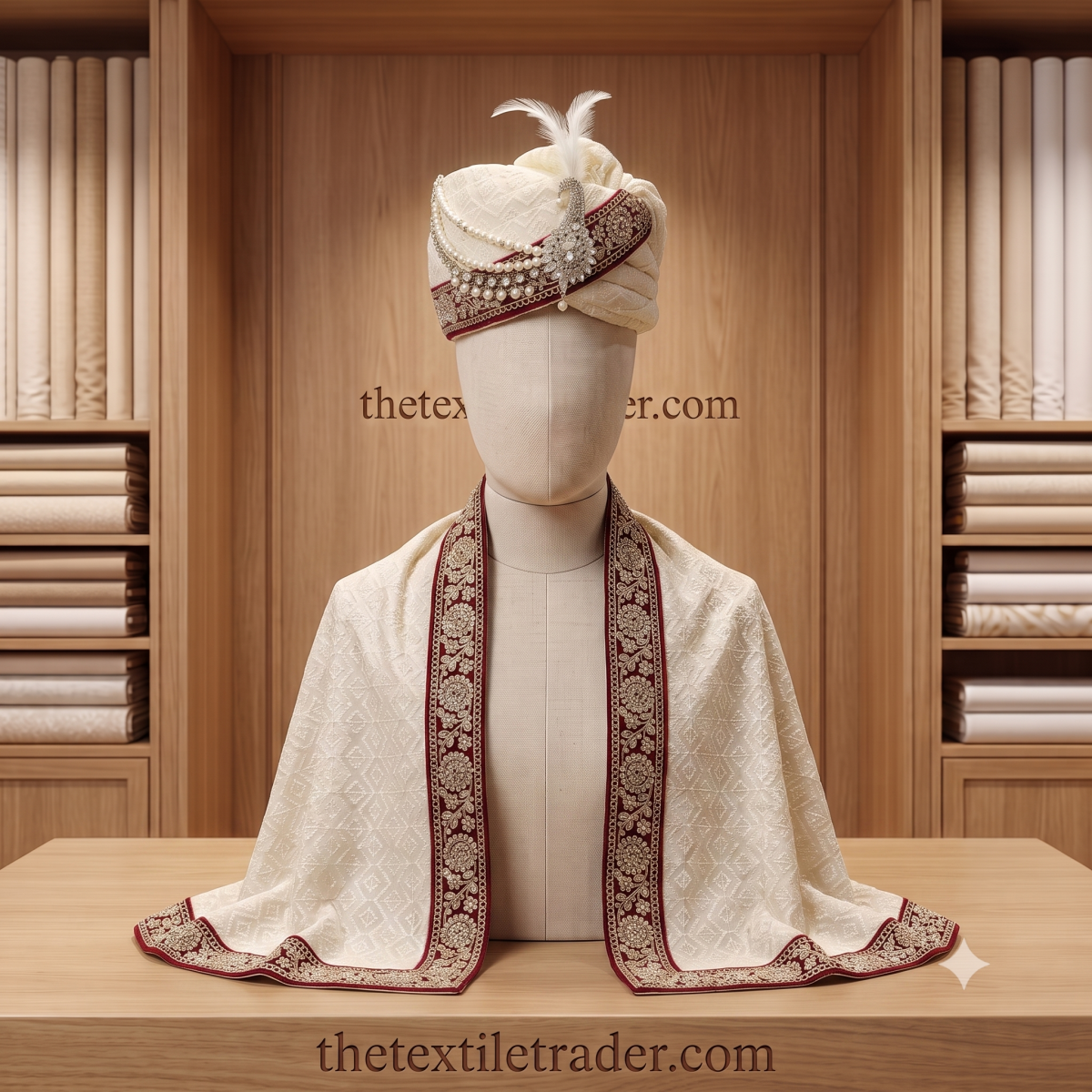 Off-white silk groom pagdi with pearl strands and feather paired with a maroon zari embroidered stole displayed on a mannequin