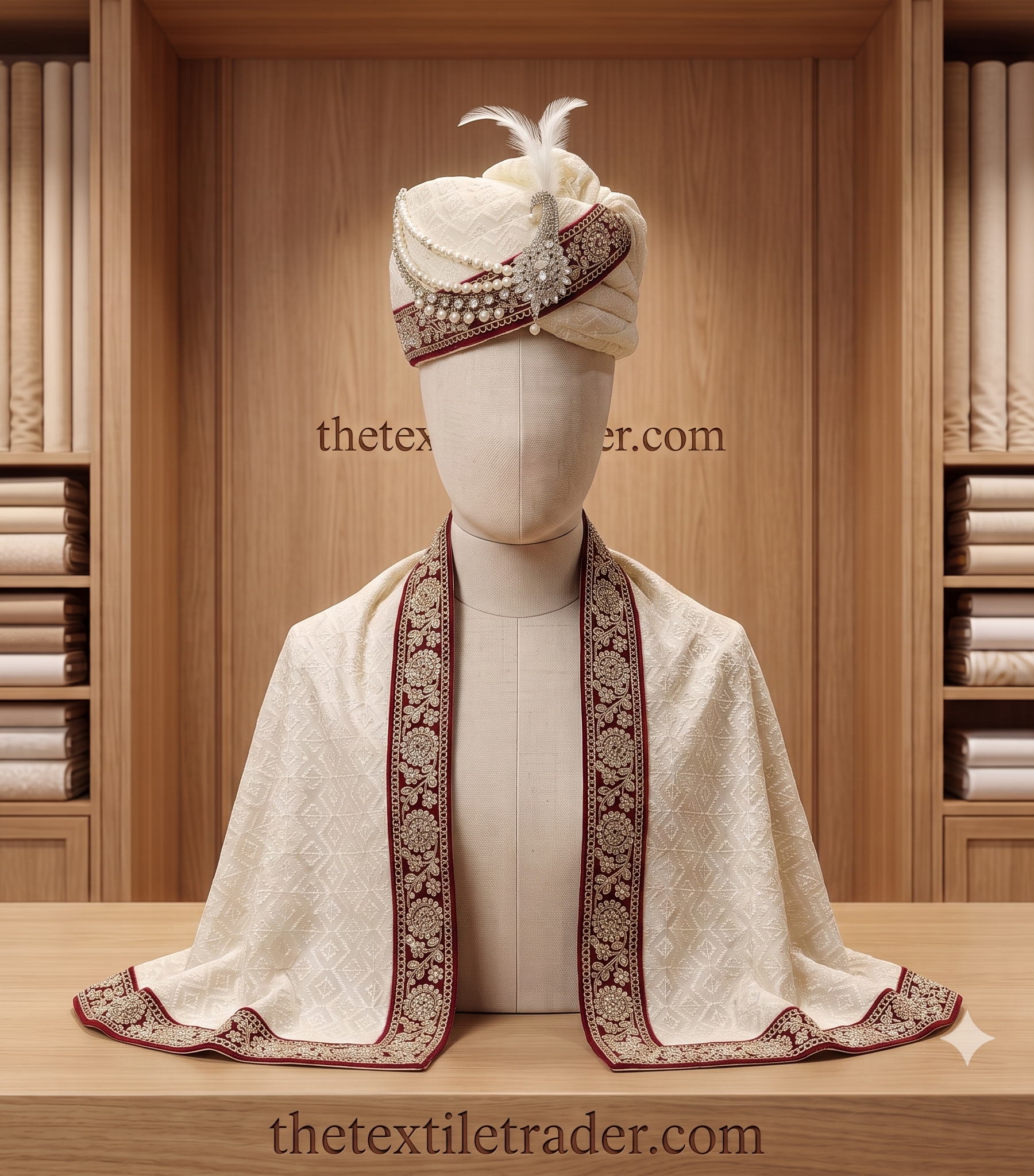 Off-white silk groom pagdi with pearl strands and feather paired with a maroon zari embroidered stole displayed on a mannequin