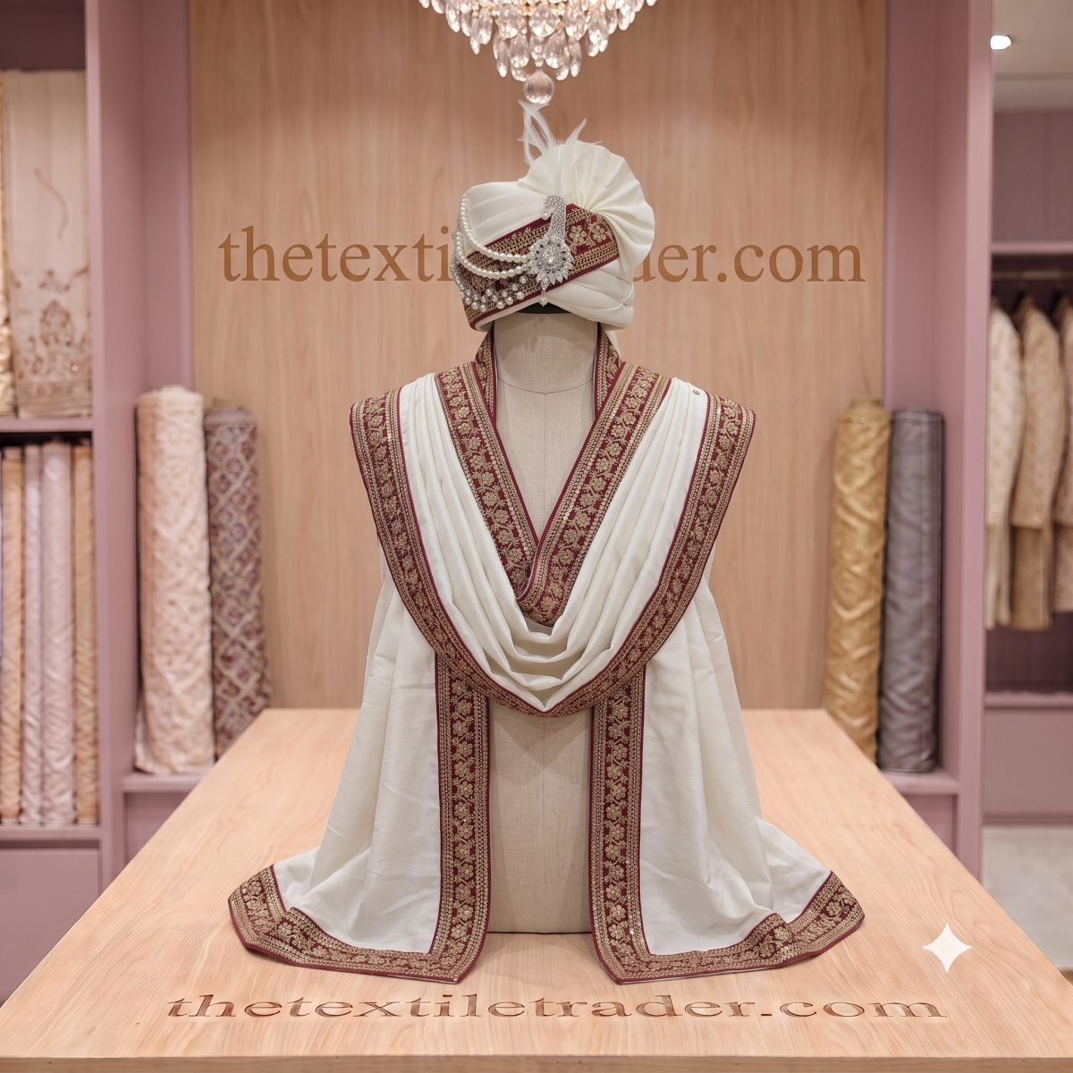 Off-white groom pagdi with peacock brooch and pearl strands placed on matching stole with maroon velvet border