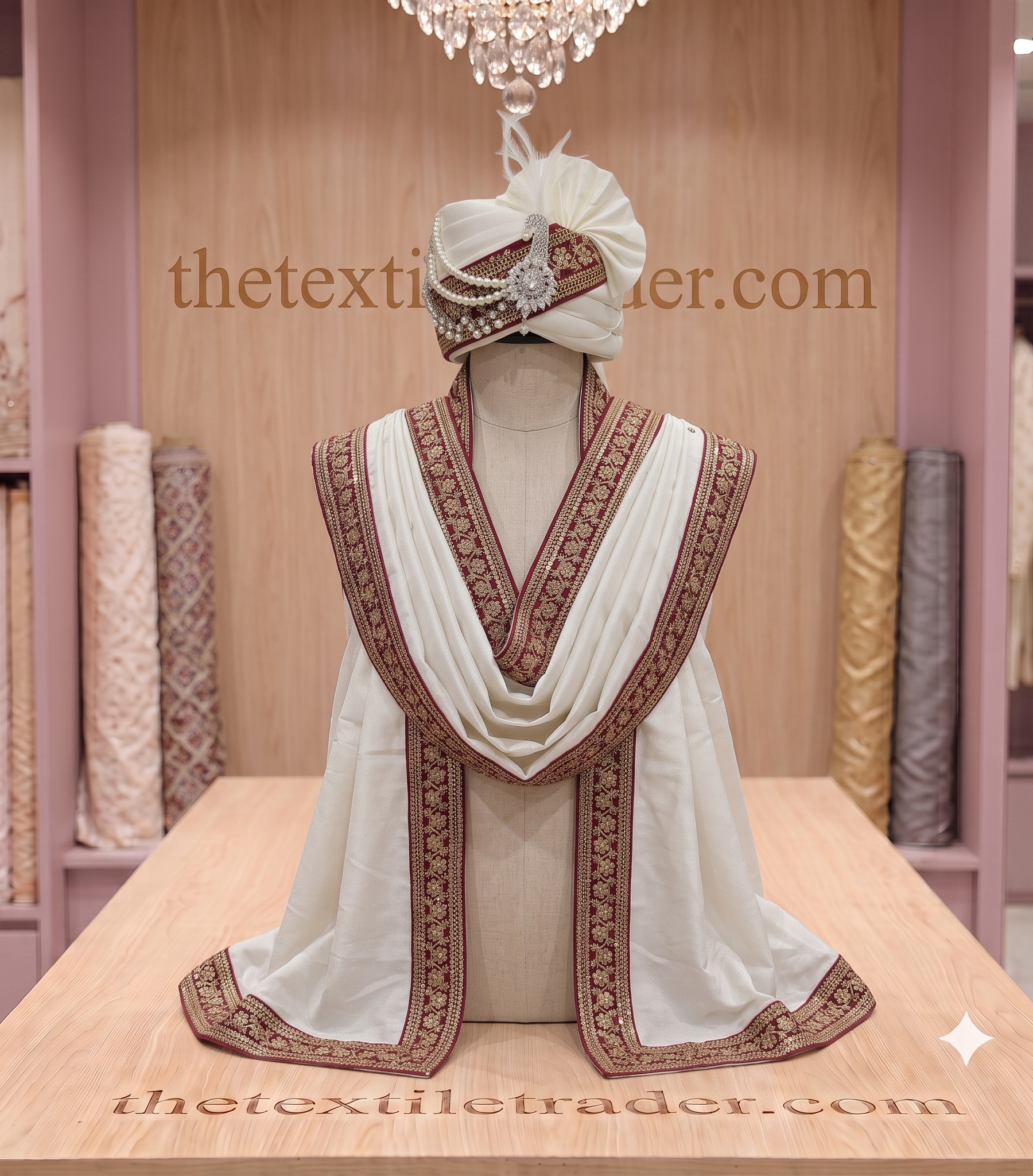 Off-white groom pagdi with peacock brooch and pearl strands placed on matching stole with maroon velvet border