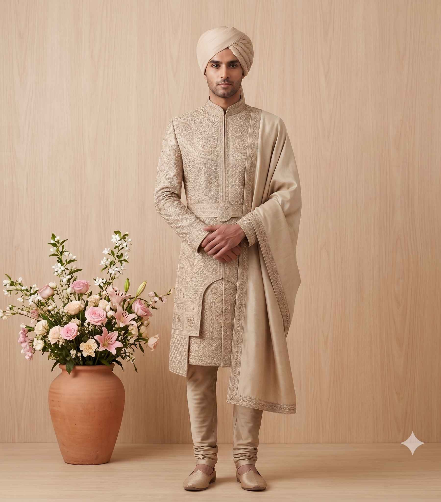Groom wearing an imperial beige embroidered sherwani set with matching pagdi and stole standing next to a flower vase