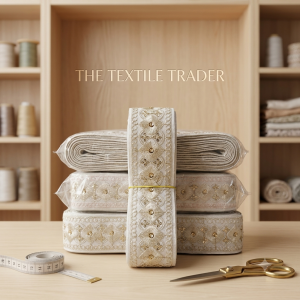 Stacked rolls of off-white fabric trim with gold geometric embroidery and sequins, displayed on a wooden table alongside measuring tape and brass scissors.