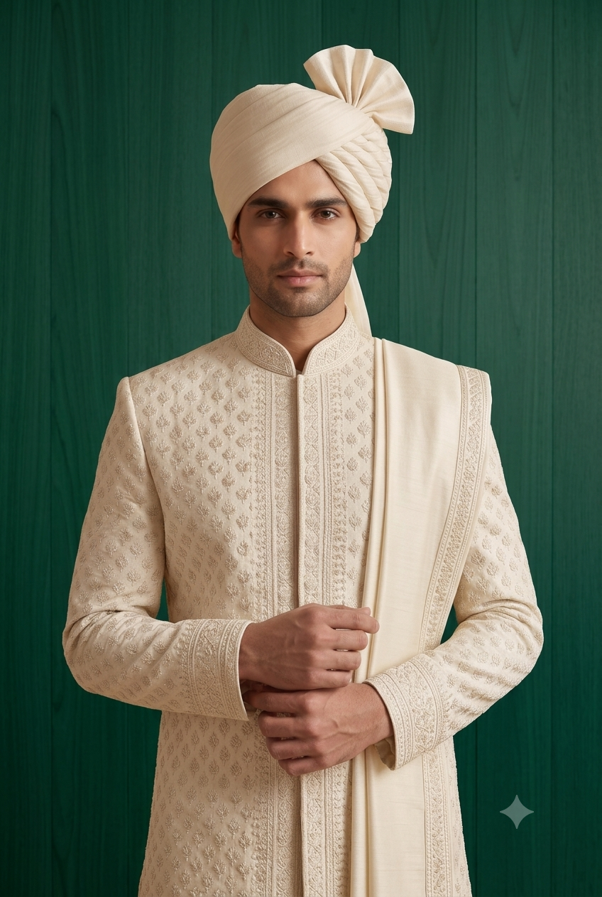 Groom wearing an ivory cream geometric embroidered sherwani set with matching pagdi and stole in a light wooden studio