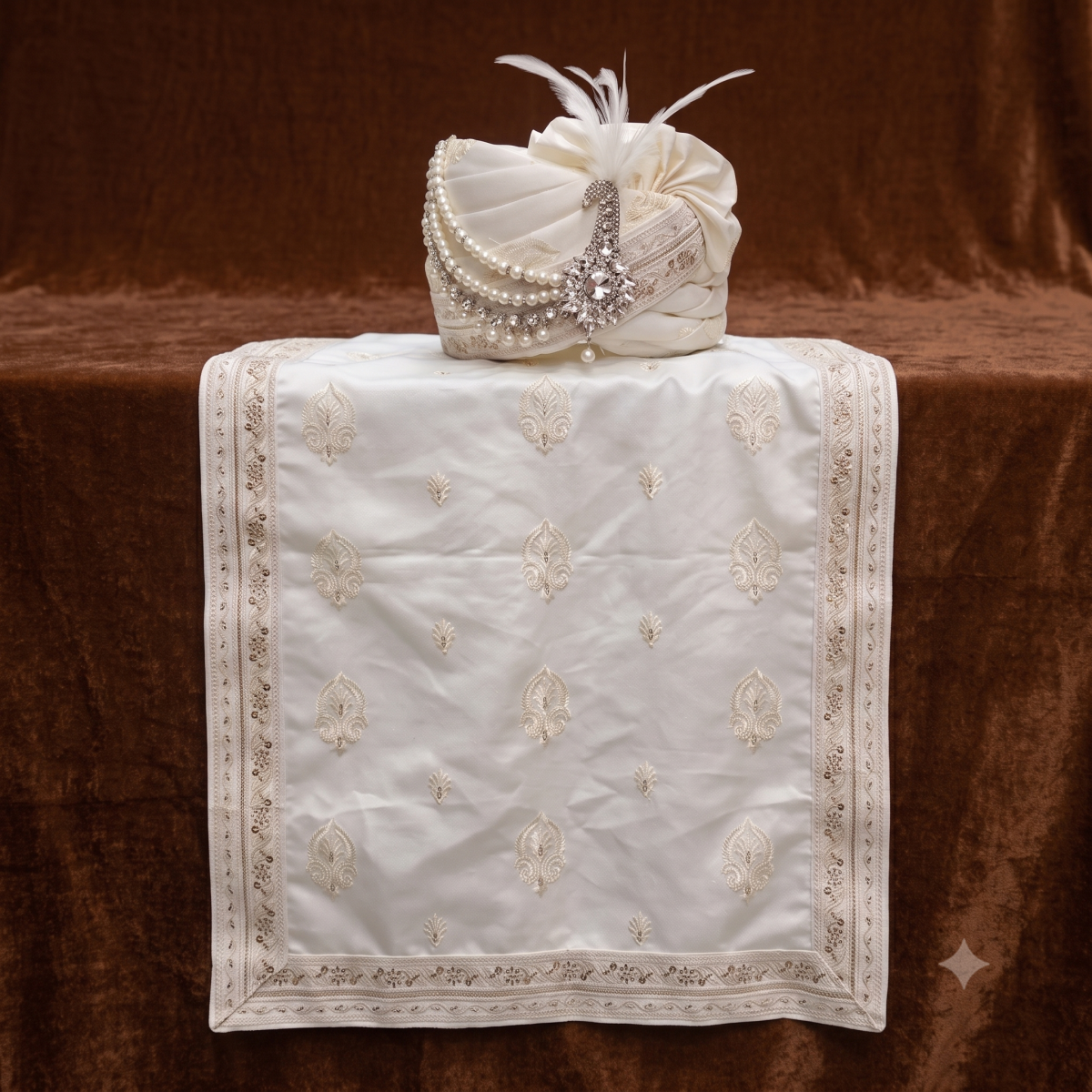 Off-white embroidered groom pagri turban with peacock brooch and matching motif embroidered stole.