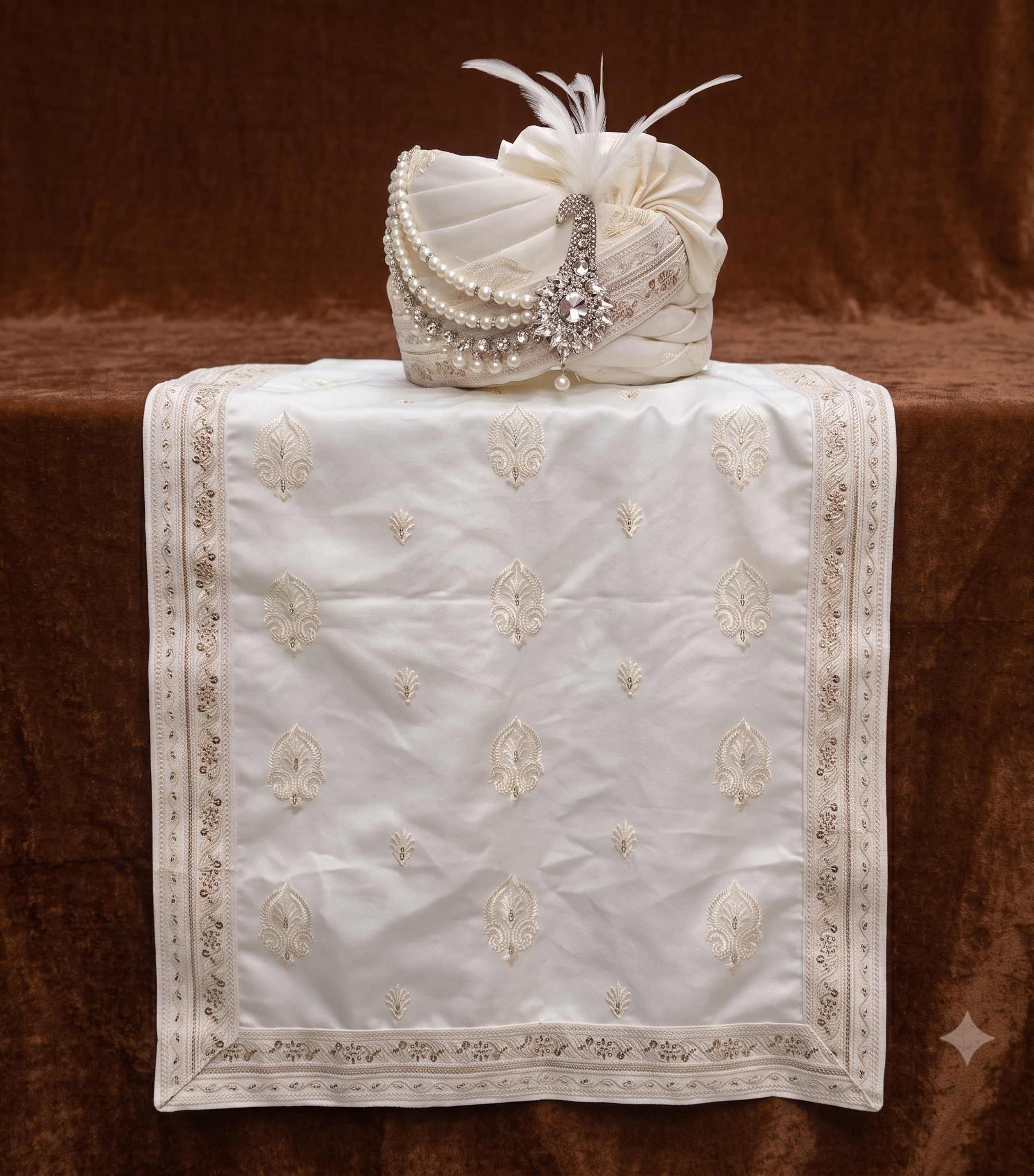 Off-white embroidered groom pagri turban with peacock brooch and matching motif embroidered stole.