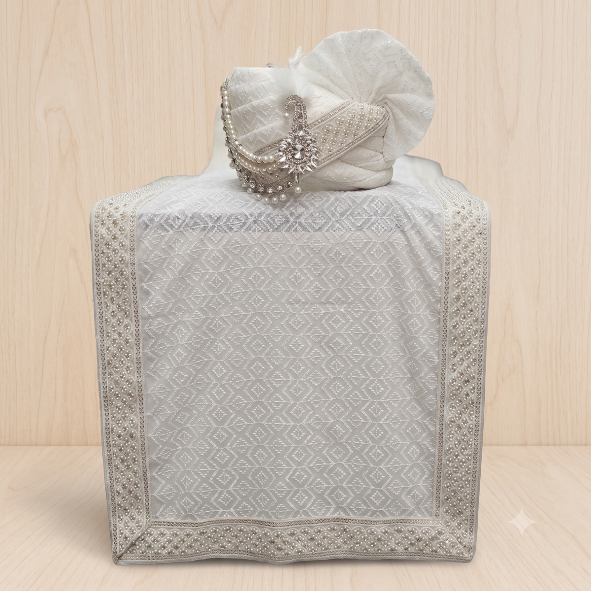 White Schiffli georgette groom turban and stole set with pearl kalgi brooch