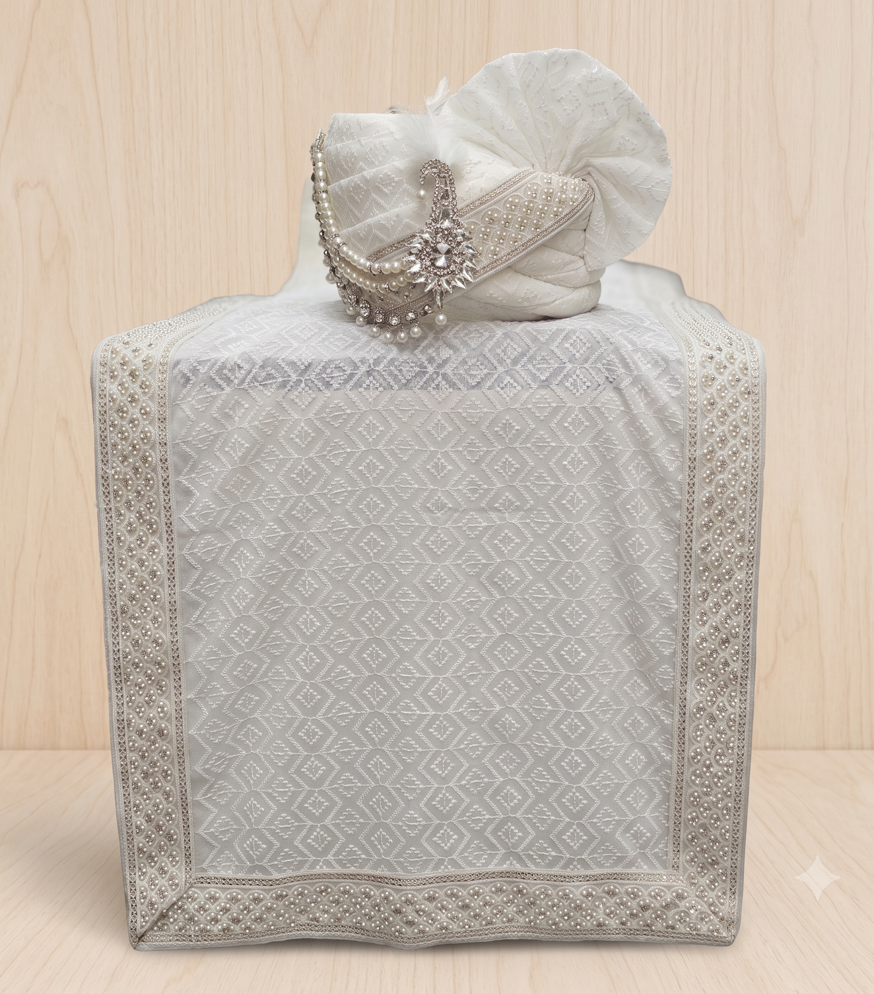 White Schiffli georgette groom turban and stole set with pearl kalgi brooch