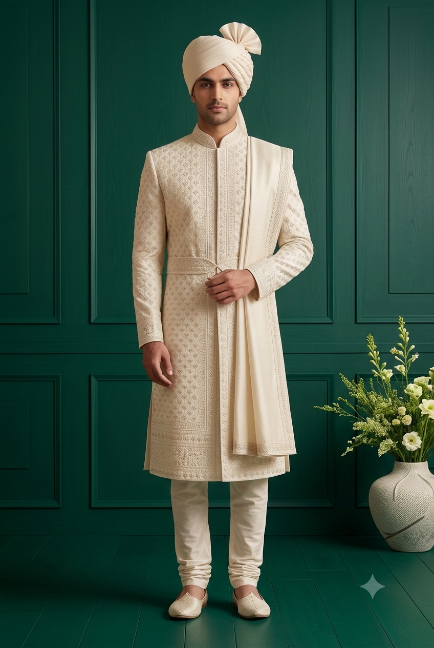 Groom wearing an ivory cream geometric embroidered sherwani set with matching pagdi and stole in a light wooden studio