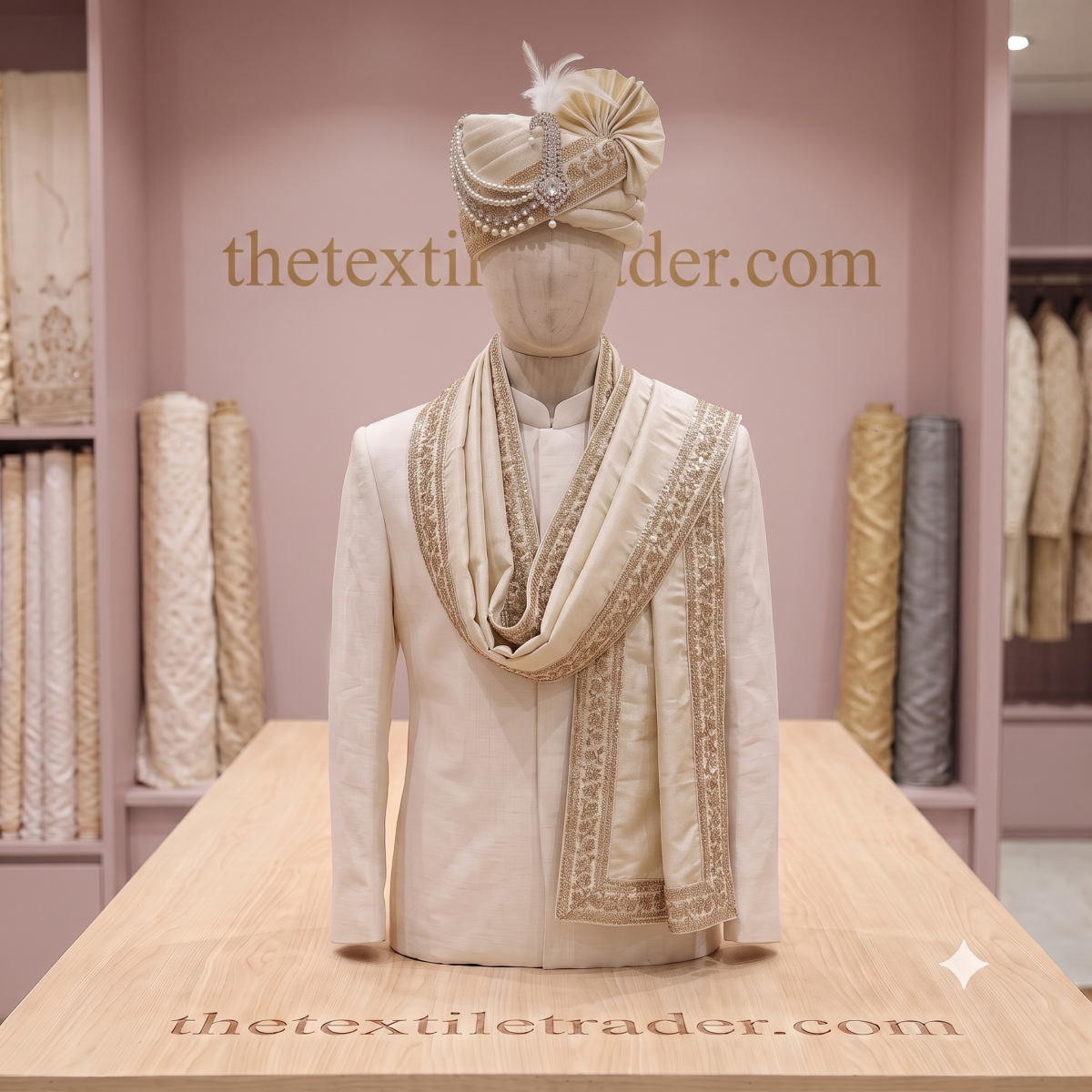 Ivory and gold sequined groom pagdi with stone brooch placed on matching stole