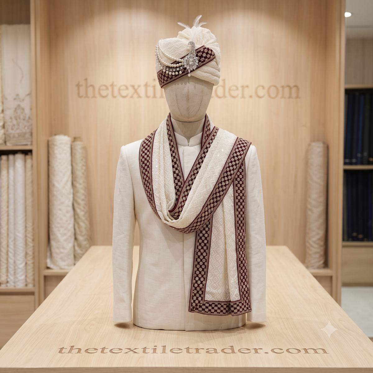 Cream embroidered groom pagdi with pearl brooch and matching stole displayed on wooden table
