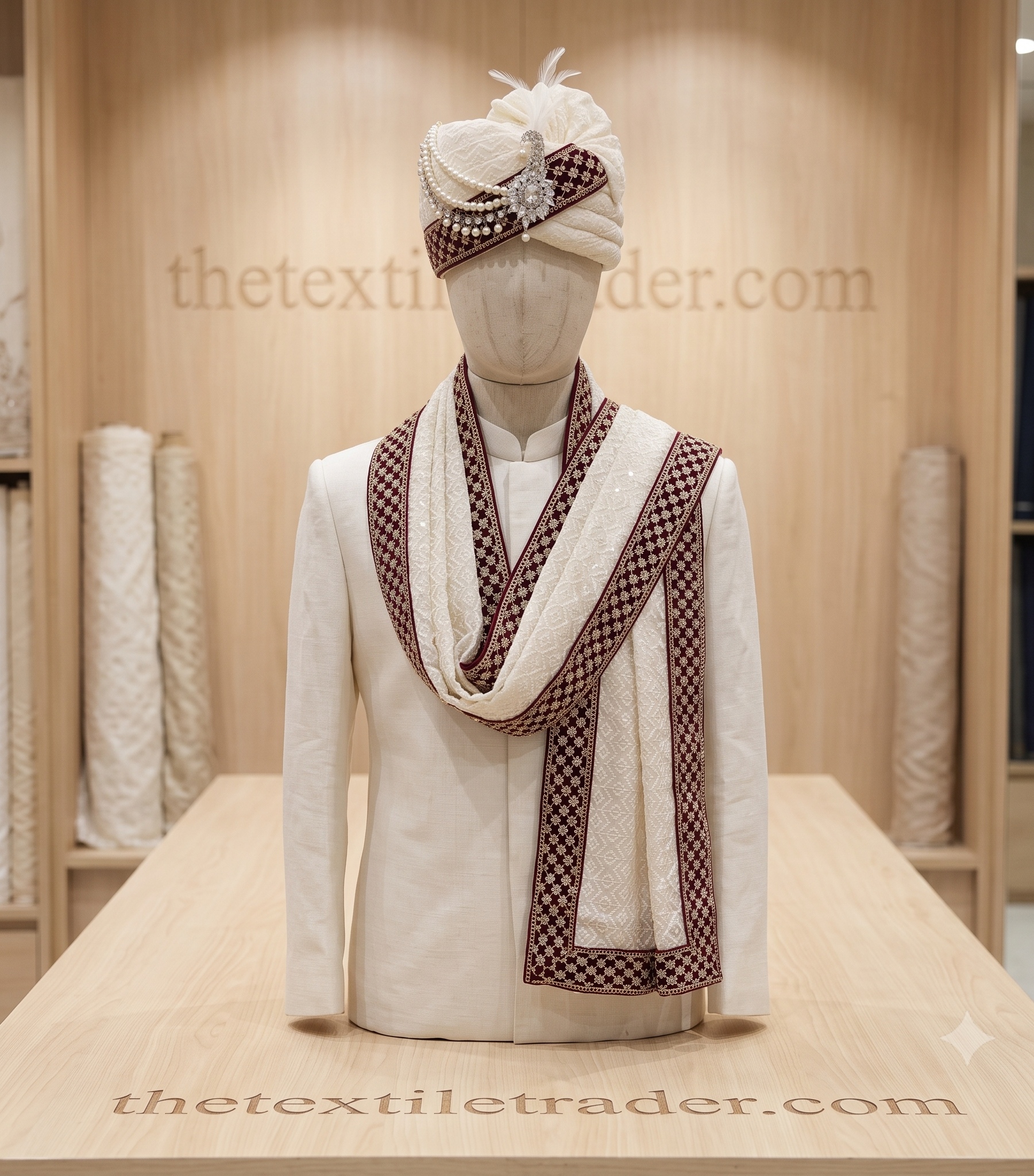 Cream embroidered groom pagdi with pearl brooch and matching stole displayed on wooden table