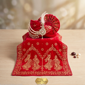 Rani Velvet Groom Pagdi & Printed Stole Set with Varmala Motif