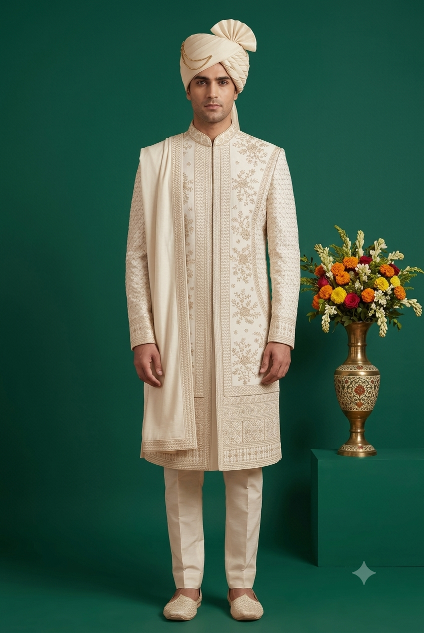 Ivory Silk Embroidered Groom Sherwani Set with Matching Pagdi & Stole