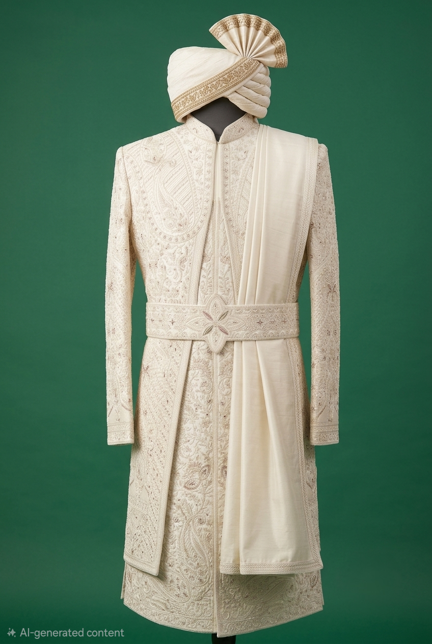 Royal Dual-Layer Sherwani Set in Off-White & Beige Gold
