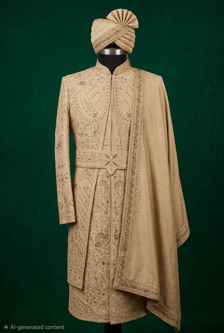 Premium Dual-Layer Sherwani Set Beige Gold