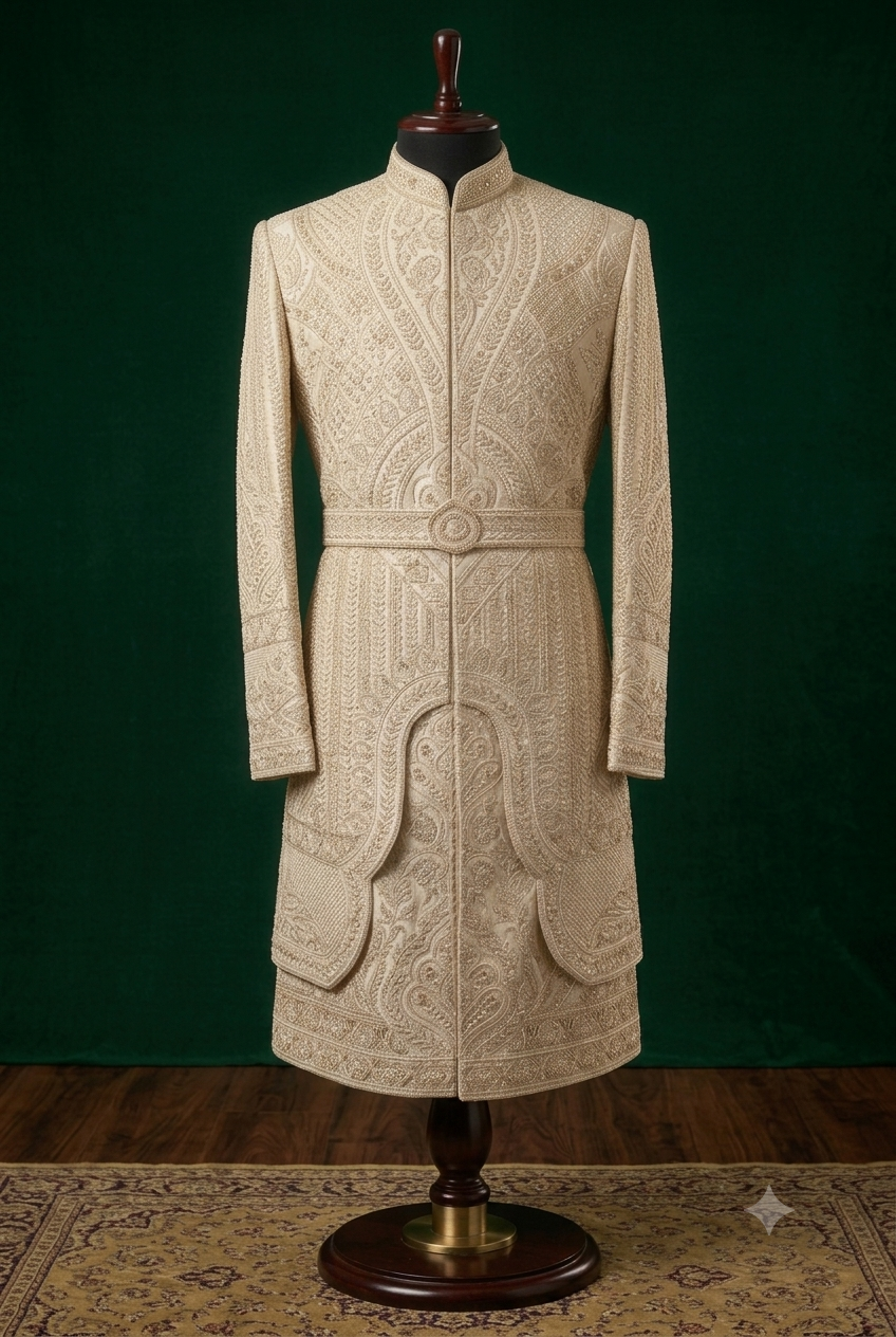 Front view of an opulent, highly detailed blush-gold men's sherwani. It's displayed on a torso dummy against a dark green velvet background, showing complex patterns made of beads, katdana, dori cord, and multi-color threadwork. A detailed belt is at the waist.