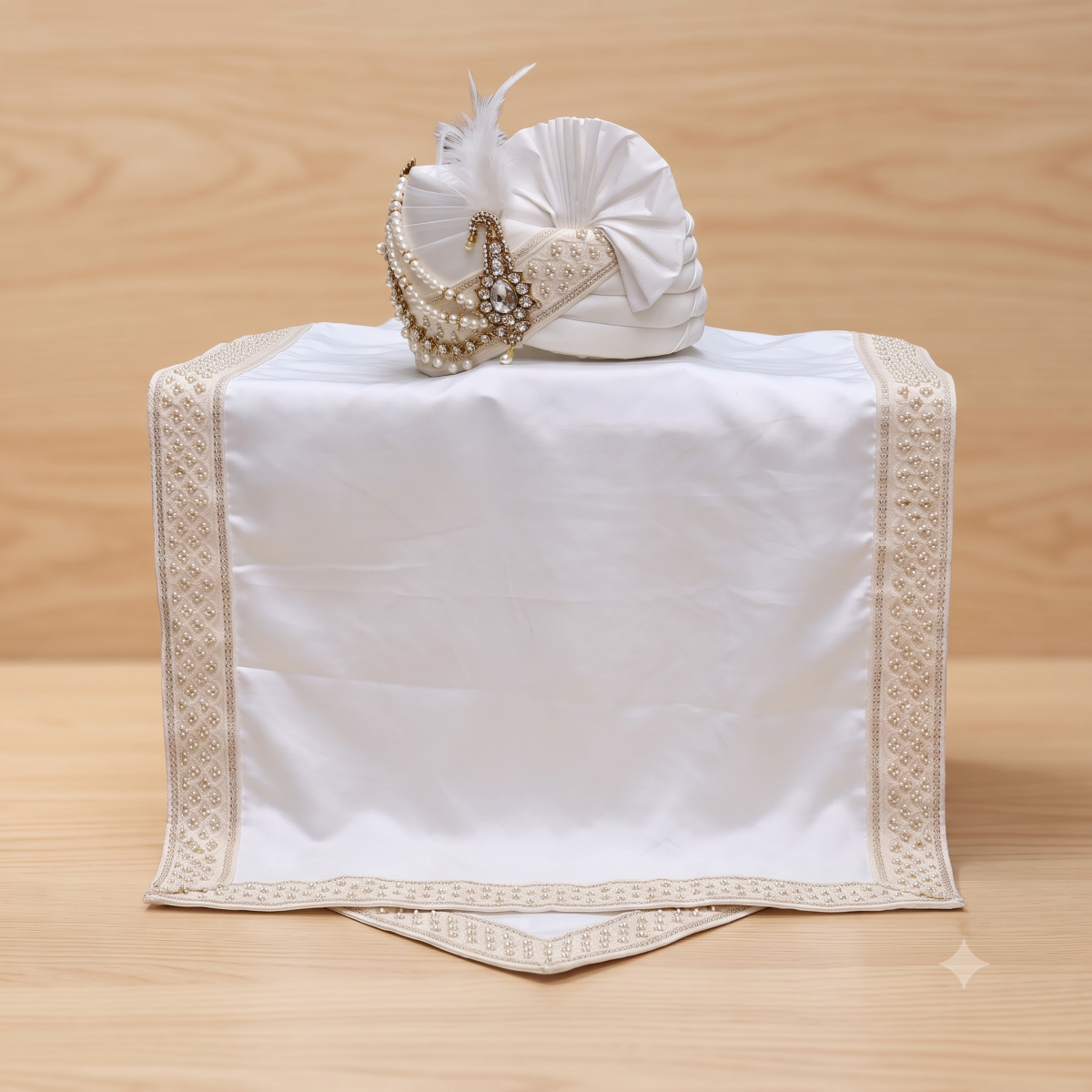 offwhite raw silk groom pagri turban with peacock kalgi and matching pearl border stole display