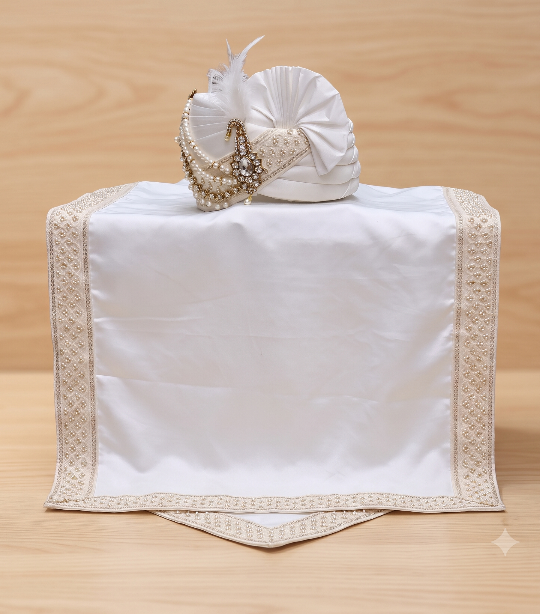 offwhite raw silk groom pagri turban with peacock kalgi and matching pearl border stole display