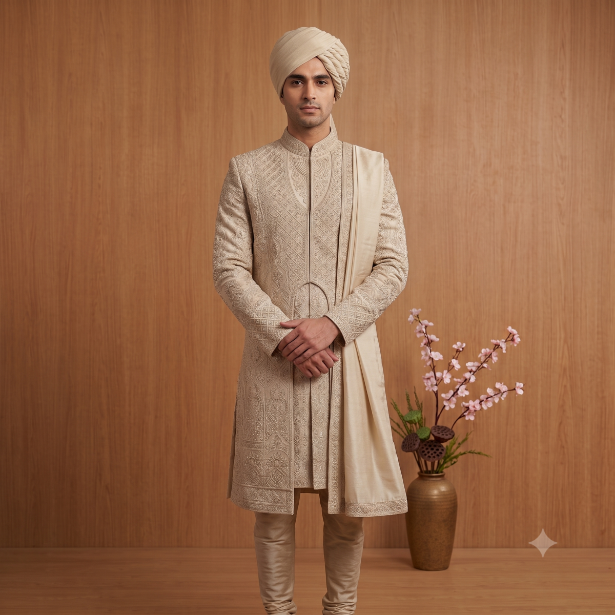 Groom wearing an Chiku raw silk sherwani with intricate Katdana, bead, Dori, Jari, and Resham thread embroidery, paired with a turban and stole
