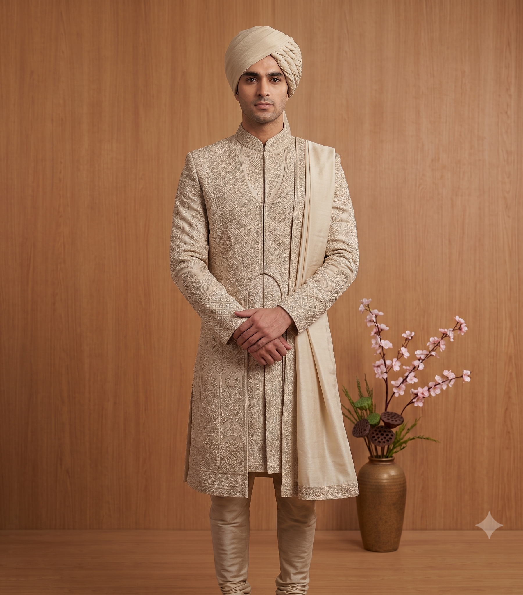 Groom wearing an Chiku raw silk sherwani with intricate Katdana, bead, Dori, Jari, and Resham thread embroidery, paired with a turban and stole