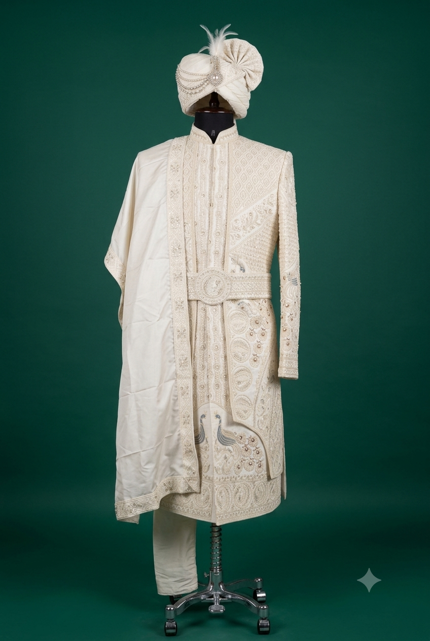 Ivory Royal Peacock Sherwani in Katdana, Dori & Beadwork