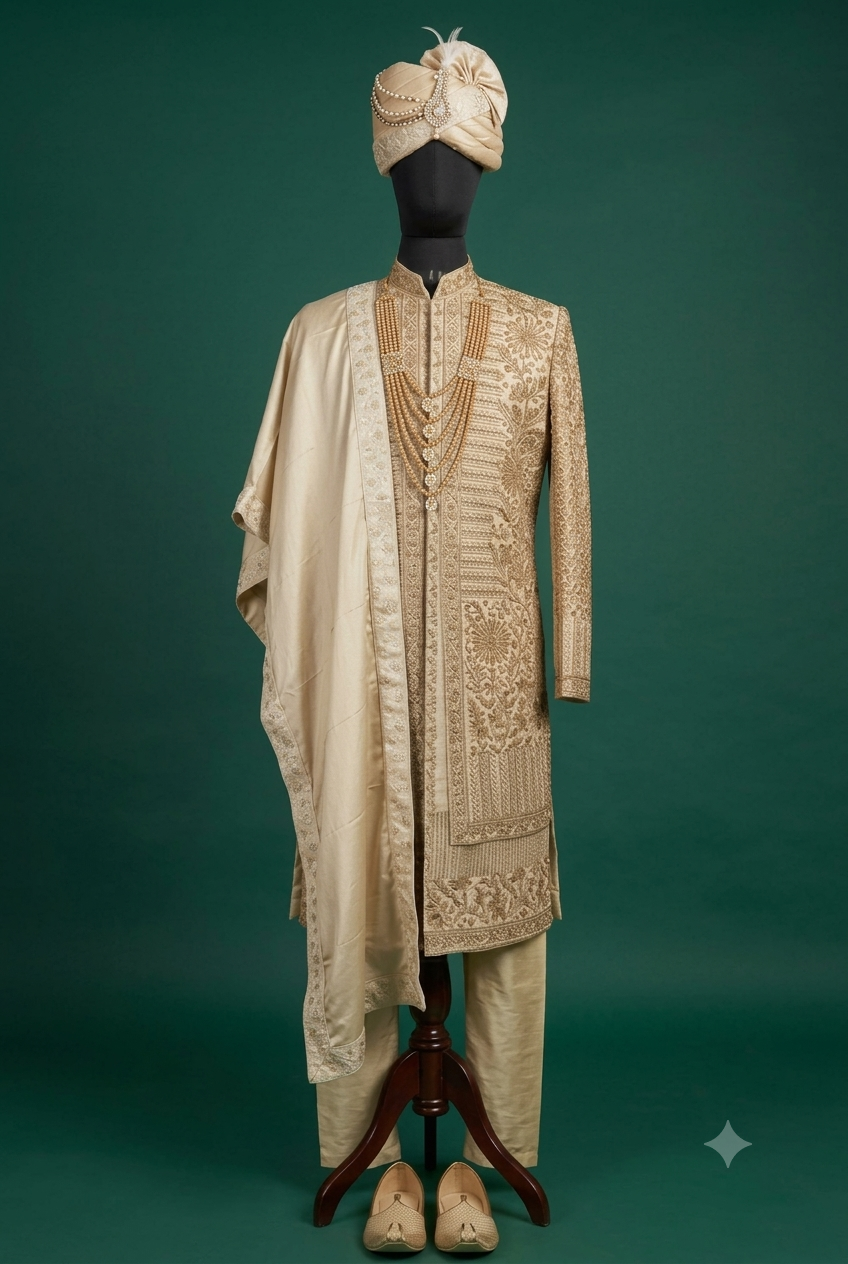 Hand-Embroidered Beadwork Sherwani Set with Safa, Stole & Jutis