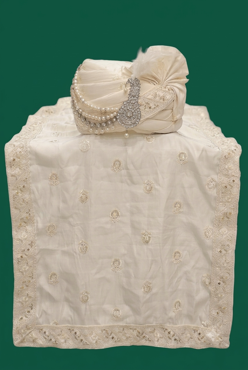 Heritage Ivory Silk Safa and Dupatta Ensemble with Pearl Mala & Brooch