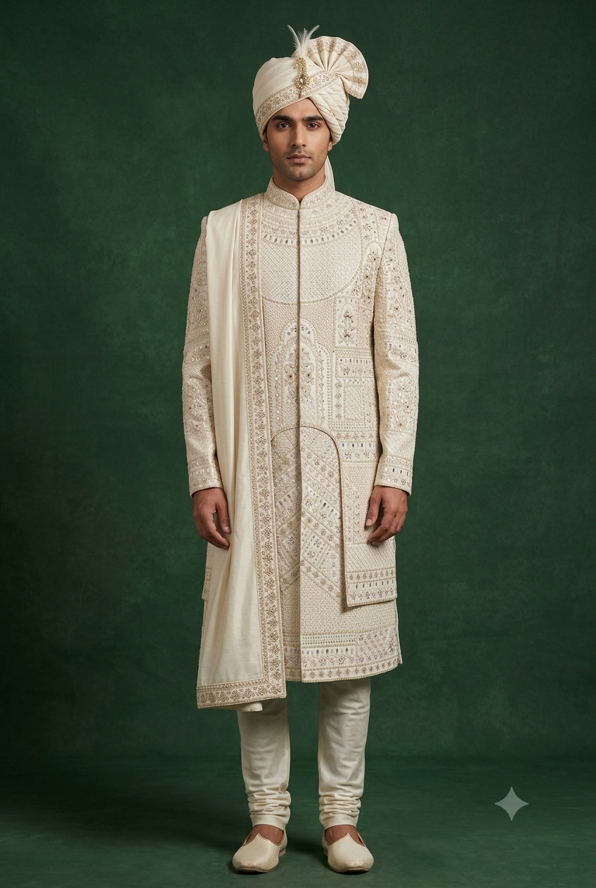 Side profile of Indian groom wearing an ivory raw silk sherwani with dori and multi-color pastel threadwork, matching embroidered stole, and royal pagdi.