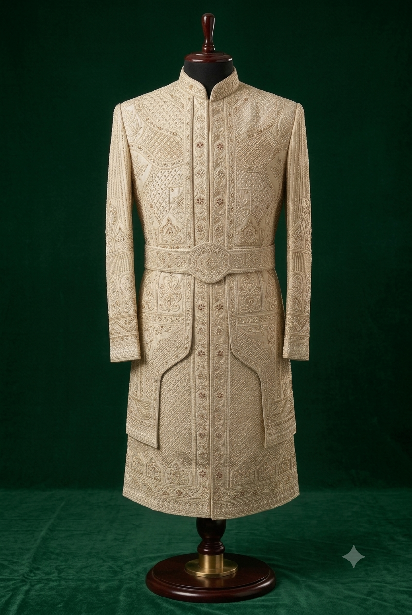 Maharaja Pearl Ivory Sherwani with Beads and Katdana Work